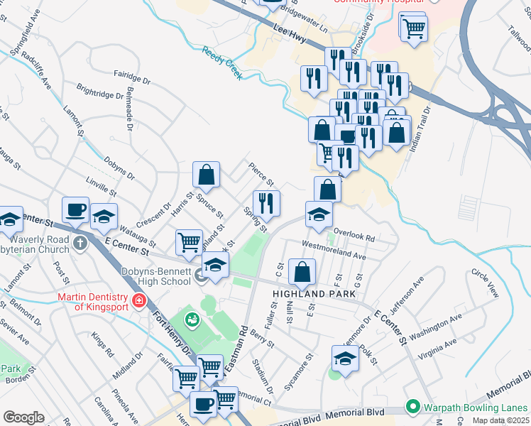 map of restaurants, bars, coffee shops, grocery stores, and more near 1700 N Eastman Rd in Kingsport