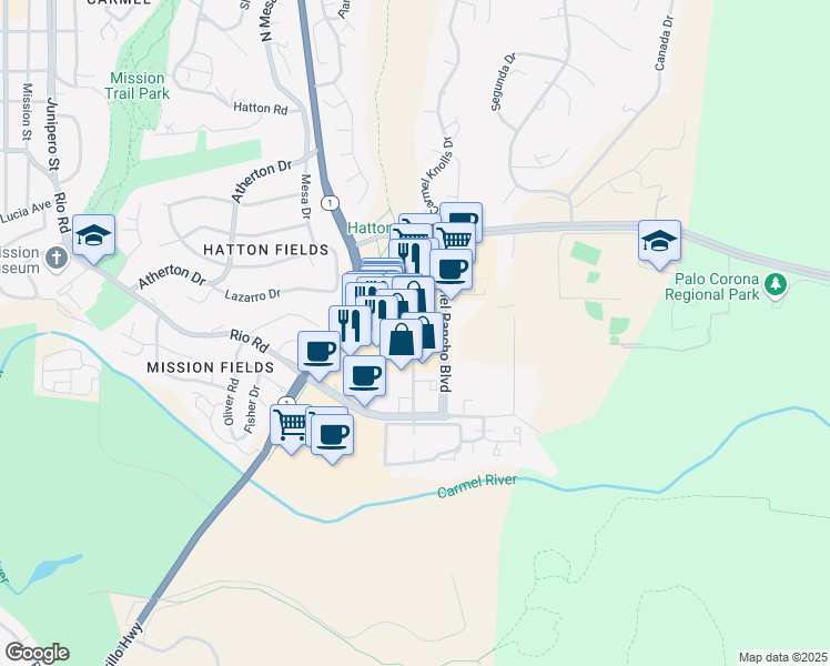 map of restaurants, bars, coffee shops, grocery stores, and more near 26358 Carmel Rancho Lane in Carmel