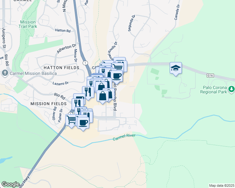 map of restaurants, bars, coffee shops, grocery stores, and more near 26385 Carmel Rancho Boulevard in Carmel-by-the-Sea
