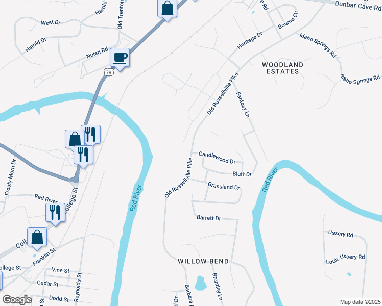 map of restaurants, bars, coffee shops, grocery stores, and more near 1501 Old Russellville Pike in Clarksville