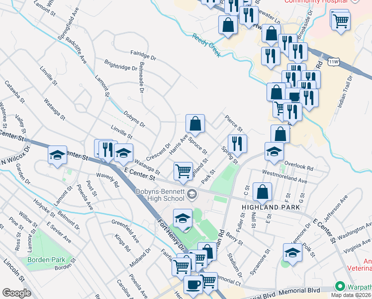 map of restaurants, bars, coffee shops, grocery stores, and more near 1605 Spruce Street in Kingsport