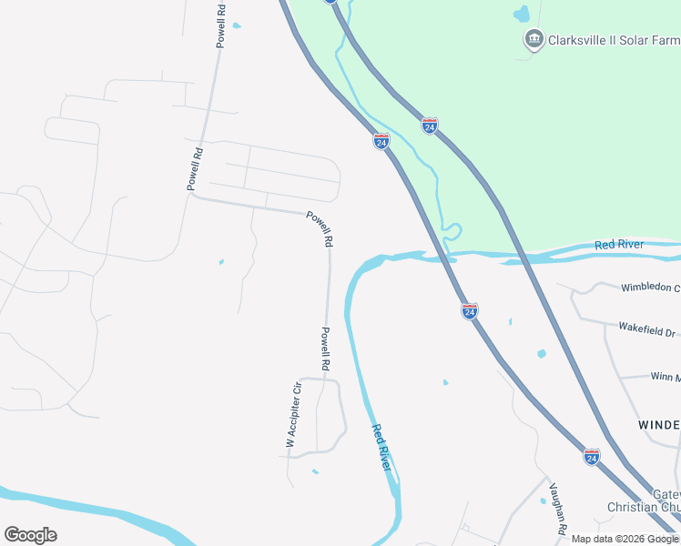 map of restaurants, bars, coffee shops, grocery stores, and more near 2111 Powell Road in Clarksville