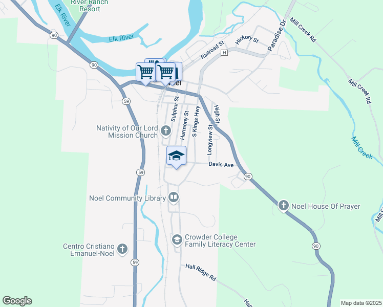 map of restaurants, bars, coffee shops, grocery stores, and more near 325 South Kings Highway in Noel