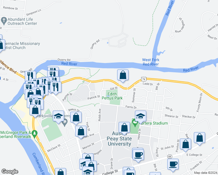 map of restaurants, bars, coffee shops, grocery stores, and more near 835 Rockwood Heights in Clarksville