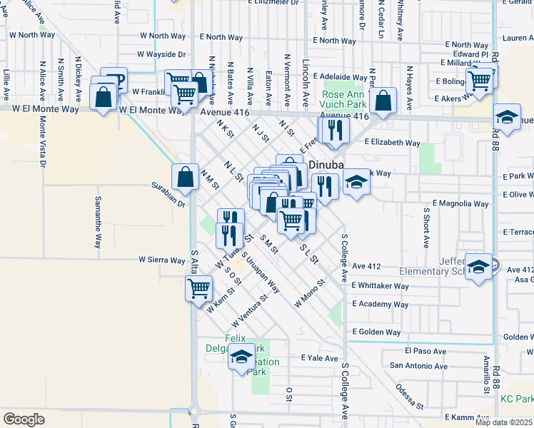map of restaurants, bars, coffee shops, grocery stores, and more near 151 North L Street in Dinuba