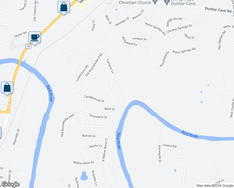 map of restaurants, bars, coffee shops, grocery stores, and more near 456 Bluff Drive in Clarksville