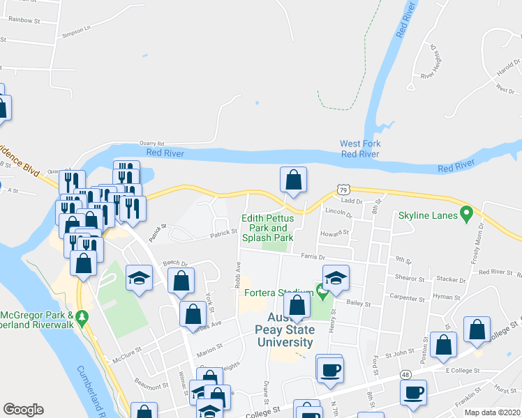map of restaurants, bars, coffee shops, grocery stores, and more near 308 Gill Street in Clarksville
