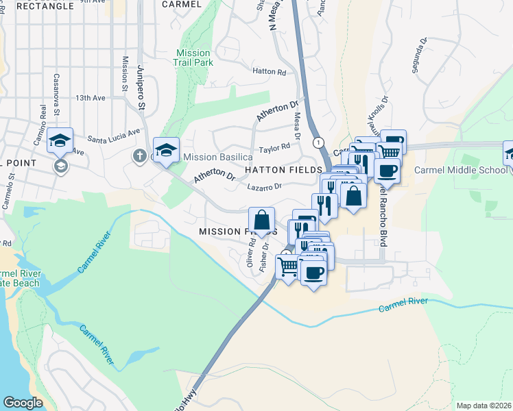 map of restaurants, bars, coffee shops, grocery stores, and more near 3452 Lazarro Drive in Carmel-by-the-Sea