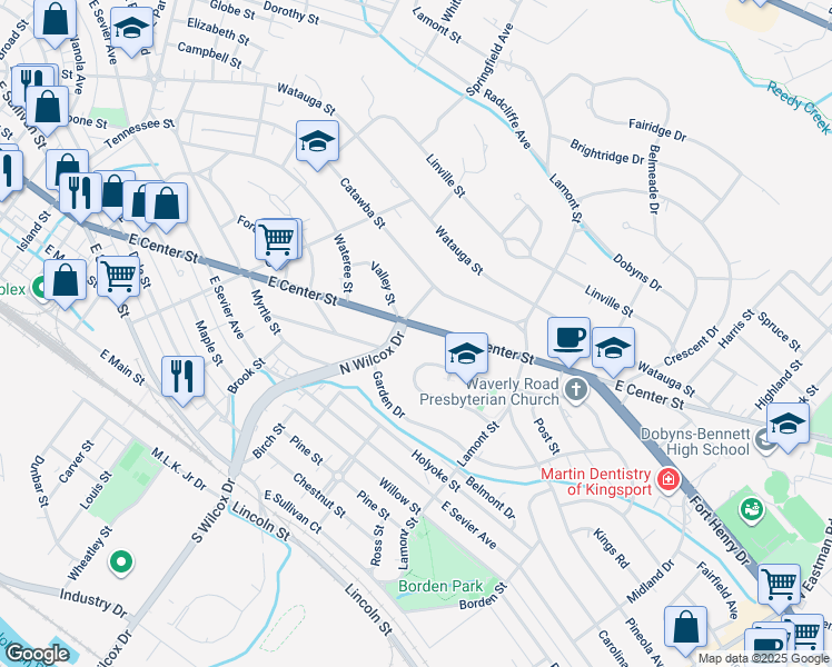 map of restaurants, bars, coffee shops, grocery stores, and more near 1305 East Center Street in Kingsport