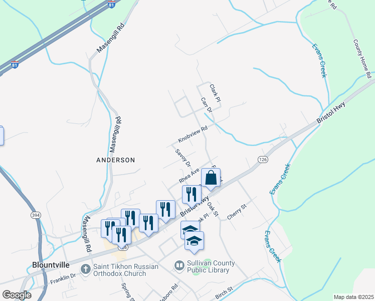 map of restaurants, bars, coffee shops, grocery stores, and more near 396 Suburbia Drive in Blountville
