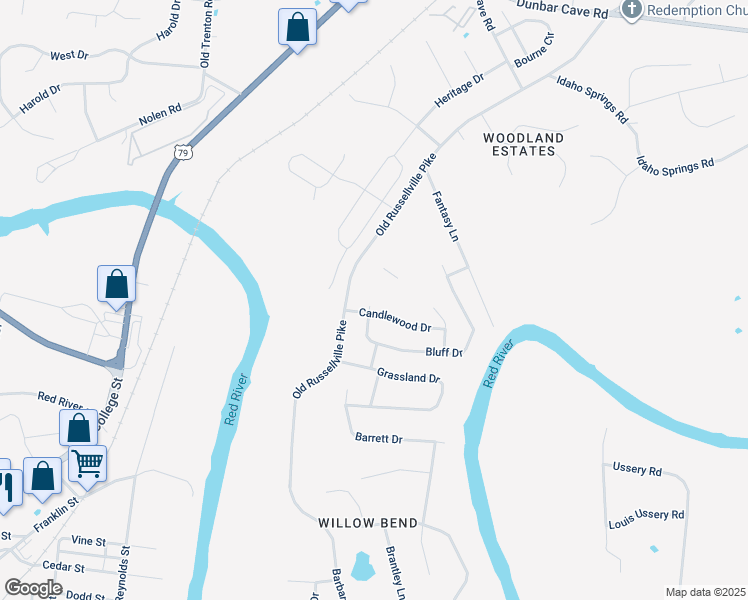 map of restaurants, bars, coffee shops, grocery stores, and more near 401 Bluff Drive in Clarksville