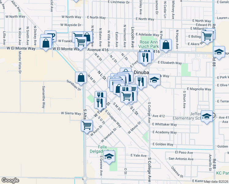 map of restaurants, bars, coffee shops, grocery stores, and more near 151 North L Street in Dinuba