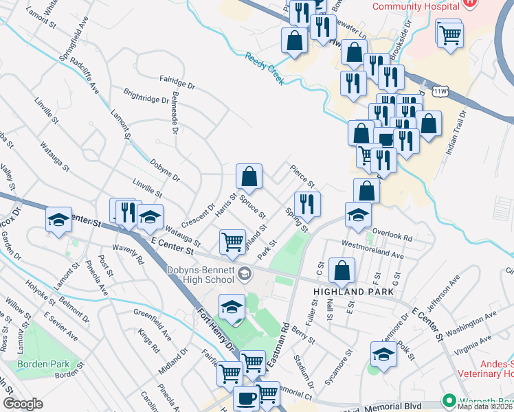map of restaurants, bars, coffee shops, grocery stores, and more near 1635 Spring Street in Kingsport