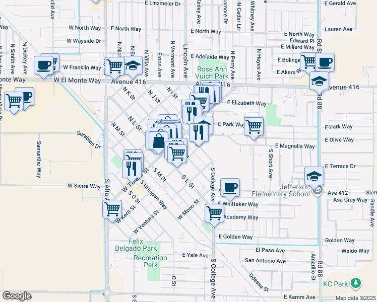 map of restaurants, bars, coffee shops, grocery stores, and more near 124 S K St in Dinuba