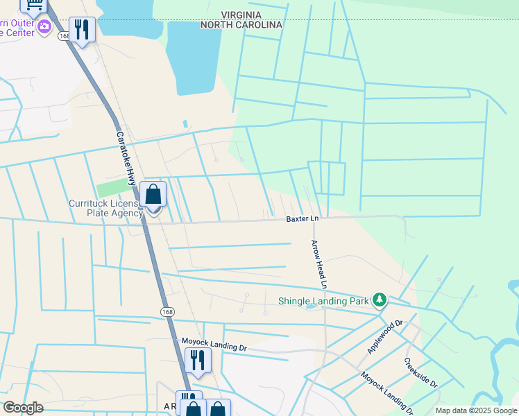 map of restaurants, bars, coffee shops, grocery stores, and more near 183 Baxter Lane in Moyock