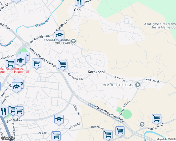 map of restaurants, bars, coffee shops, grocery stores, and more near 55 Karakocalı Caddesi in Alanya