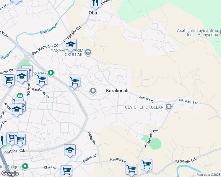 map of restaurants, bars, coffee shops, grocery stores, and more near Şirin Sokak in Alanya