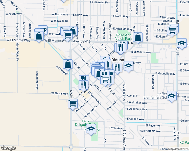 map of restaurants, bars, coffee shops, grocery stores, and more near 151 N L St in Dinuba