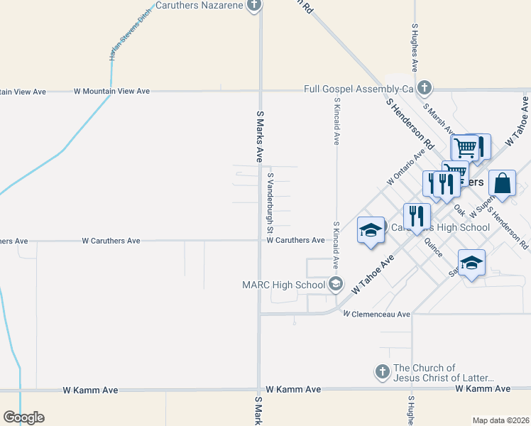 map of restaurants, bars, coffee shops, grocery stores, and more near 13381 South Marks Avenue in Caruthers