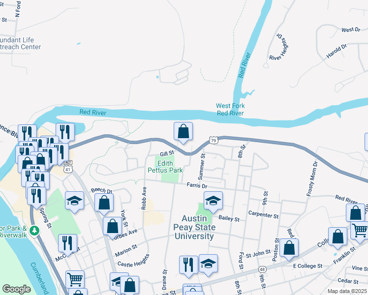 map of restaurants, bars, coffee shops, grocery stores, and more near 494 Kraft Street in Clarksville