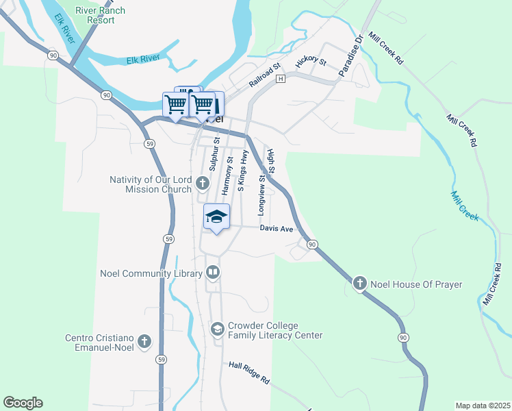 map of restaurants, bars, coffee shops, grocery stores, and more near 304-314 Longview Street in Noel