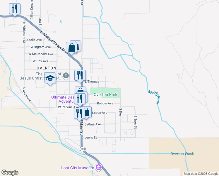map of restaurants, bars, coffee shops, grocery stores, and more near Overton Park in Moapa Valley