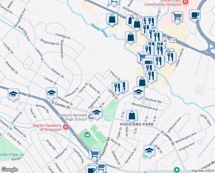 map of restaurants, bars, coffee shops, grocery stores, and more near 1810 Highland Street in Kingsport