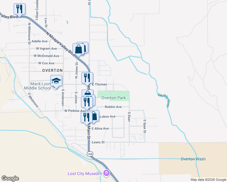 map of restaurants, bars, coffee shops, grocery stores, and more near Overton Park in Moapa Valley