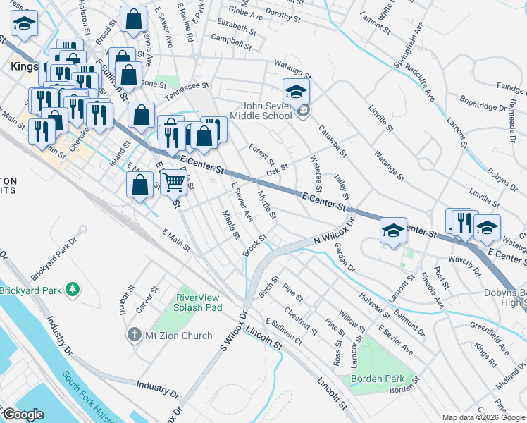 map of restaurants, bars, coffee shops, grocery stores, and more near 1002 Myrtle Street in Kingsport