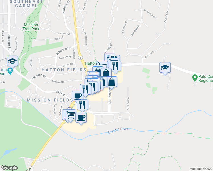 map of restaurants, bars, coffee shops, grocery stores, and more near 26340 Carmel Rancho Boulevard in Carmel-by-the-Sea