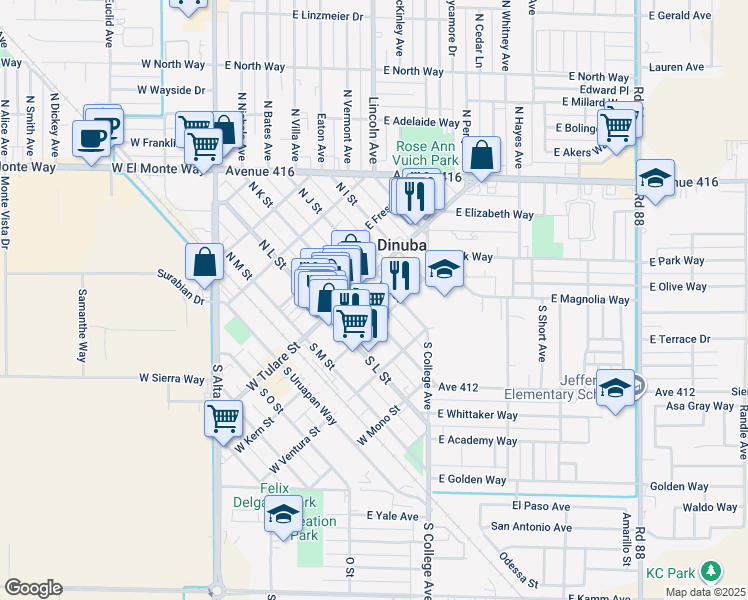map of restaurants, bars, coffee shops, grocery stores, and more near 124 S K St in Dinuba