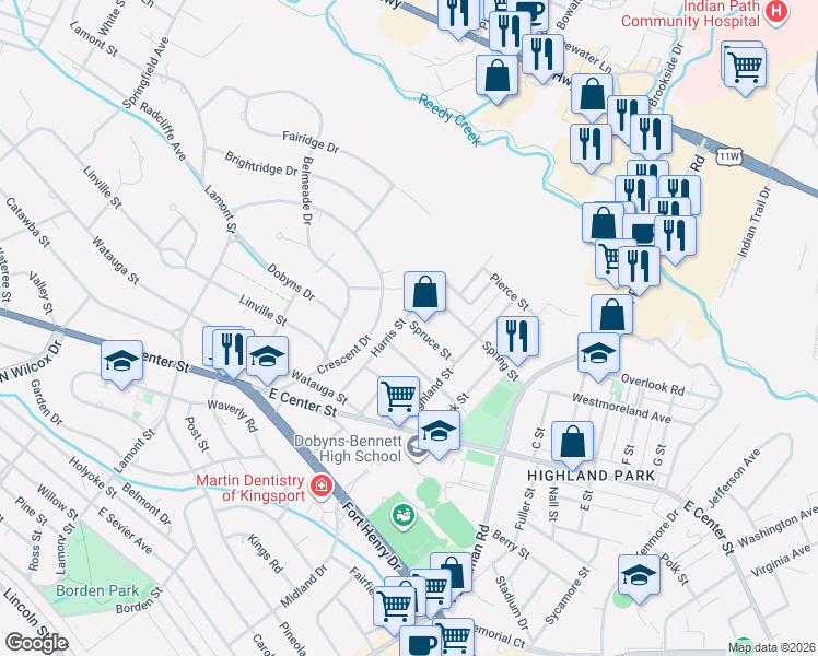 map of restaurants, bars, coffee shops, grocery stores, and more near 1605 Spruce Street in Kingsport