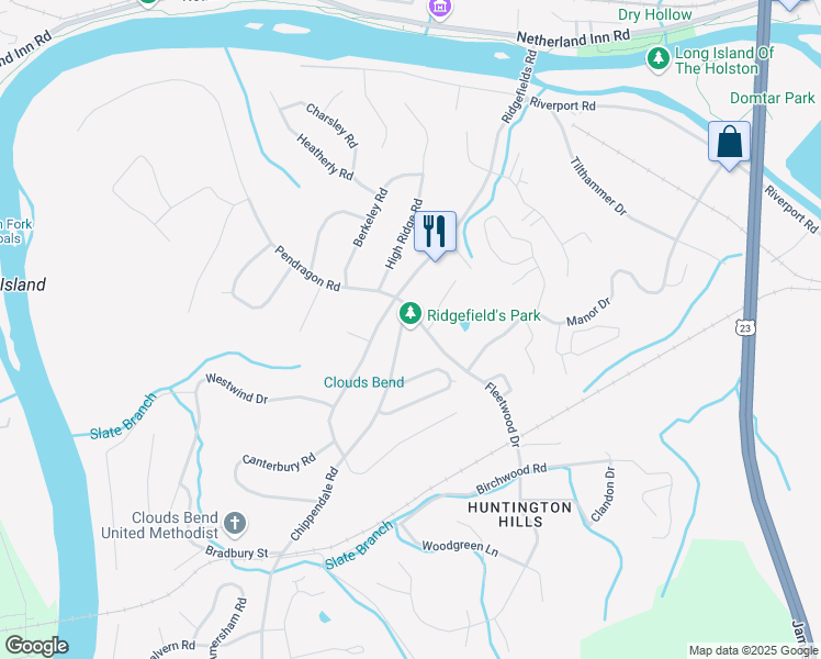 map of restaurants, bars, coffee shops, grocery stores, and more near 605 Chippendale Road in Kingsport