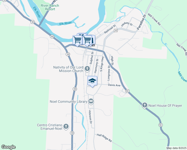 map of restaurants, bars, coffee shops, grocery stores, and more near 317 Harmony Street in Noel