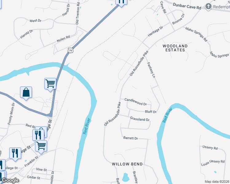 map of restaurants, bars, coffee shops, grocery stores, and more near 1501-1755 Old Russellville Pike in Clarksville
