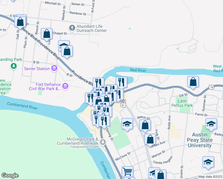 map of restaurants, bars, coffee shops, grocery stores, and more near 803 North 2nd Street in Clarksville