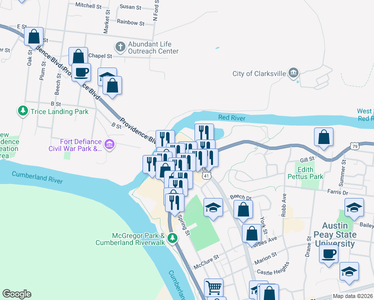 map of restaurants, bars, coffee shops, grocery stores, and more near 803 North 2nd Street in Clarksville