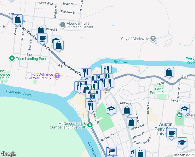 map of restaurants, bars, coffee shops, grocery stores, and more near 803 North 2nd Street in Clarksville