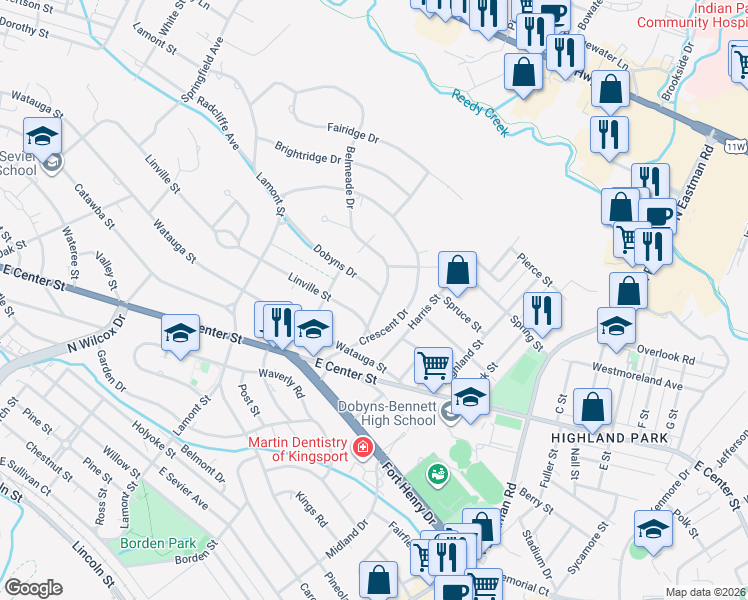 map of restaurants, bars, coffee shops, grocery stores, and more near 1621 Belmeade Drive in Kingsport