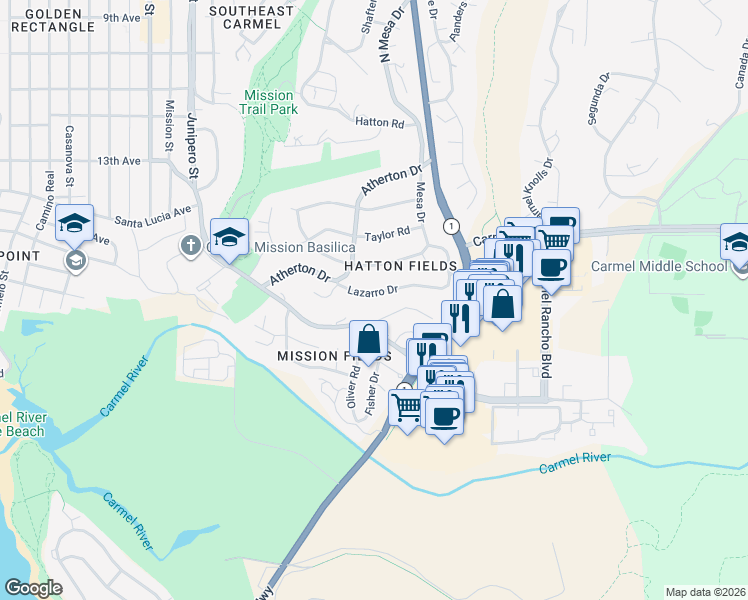 map of restaurants, bars, coffee shops, grocery stores, and more near 3472 Lazarro Drive in Carmel-by-the-Sea