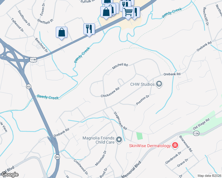 map of restaurants, bars, coffee shops, grocery stores, and more near 4508 Chickasaw Road in Kingsport
