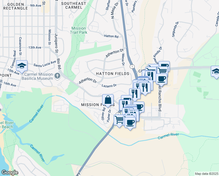 map of restaurants, bars, coffee shops, grocery stores, and more near 3472 Lazarro Drive in Carmel-by-the-Sea