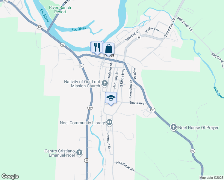 map of restaurants, bars, coffee shops, grocery stores, and more near 317 Harmony Street in Noel