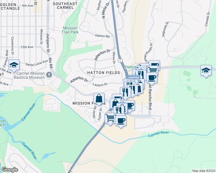 map of restaurants, bars, coffee shops, grocery stores, and more near 3528 Lazarro Drive in Carmel-by-the-Sea