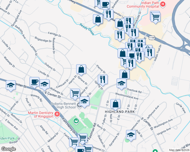 map of restaurants, bars, coffee shops, grocery stores, and more near 1810 Highland Street in Kingsport