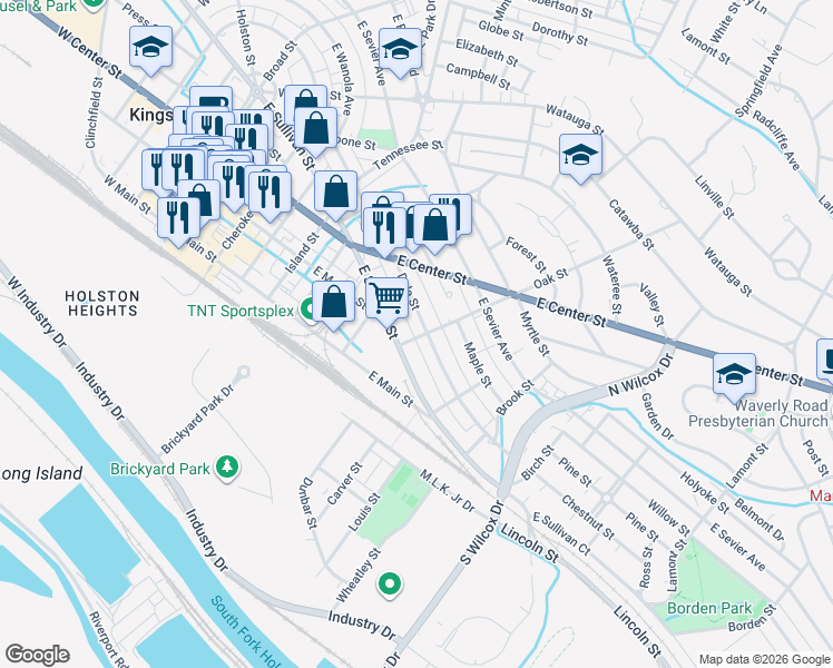 map of restaurants, bars, coffee shops, grocery stores, and more near 714 Oak Street in Kingsport