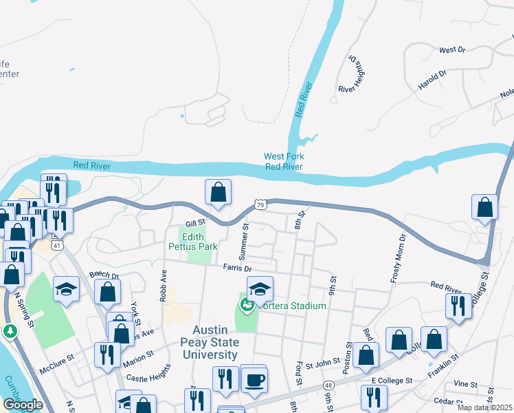map of restaurants, bars, coffee shops, grocery stores, and more near 0 Highway 13 in Clarksville