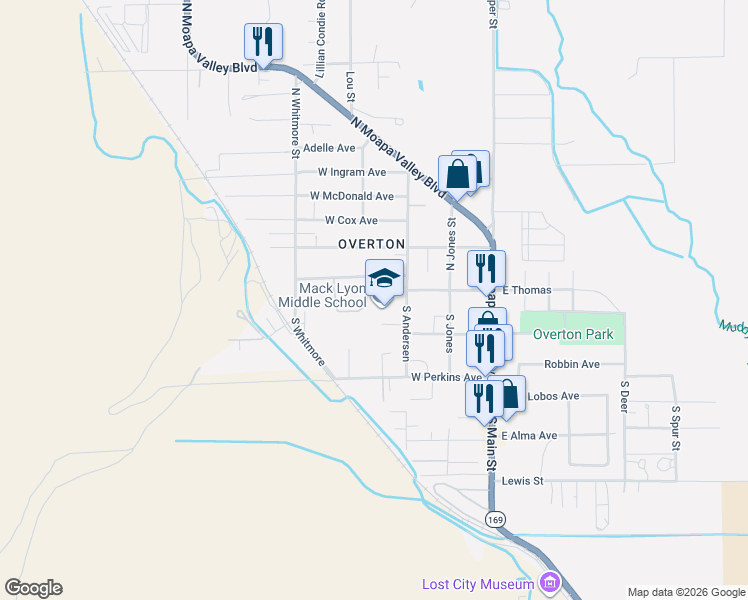 map of restaurants, bars, coffee shops, grocery stores, and more near 179 South Andersen Street in Moapa Valley