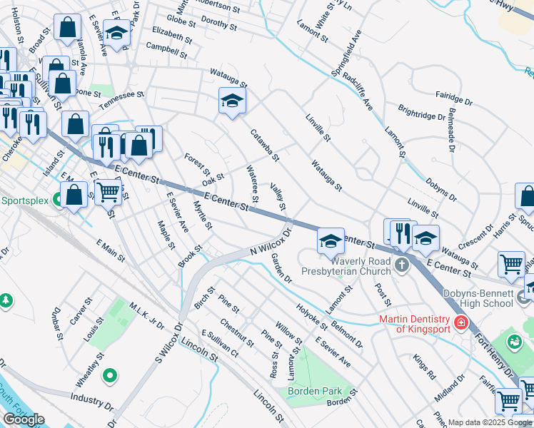 map of restaurants, bars, coffee shops, grocery stores, and more near 1241 East Center Street in Kingsport