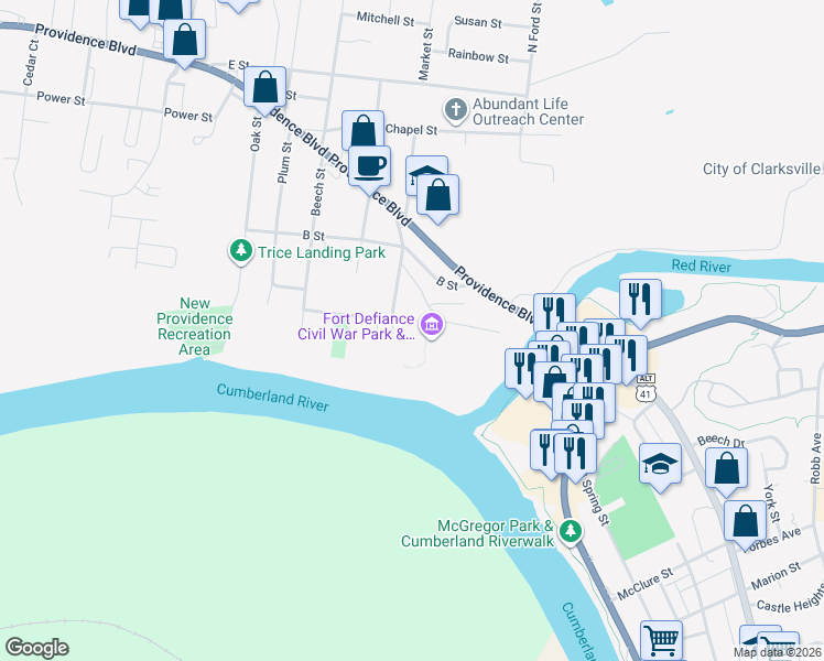 map of restaurants, bars, coffee shops, grocery stores, and more near 128 A Street in Clarksville